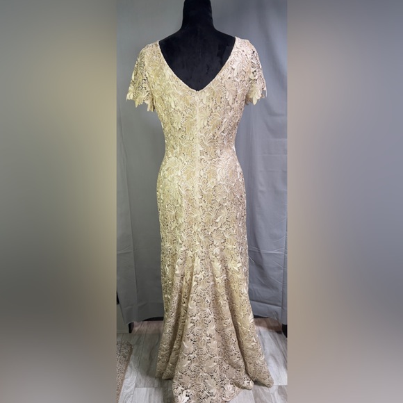 Tahari by Arthur S. Levine Gold Embroidered Evening Gown Size 8 Mermaid Lace - Picture 4 of 14